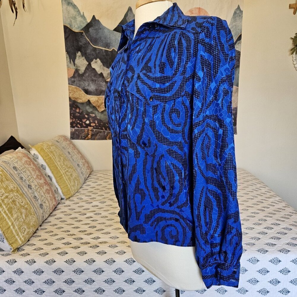 Vintage Francesca of Damon Silk Blouse 6 Blue Animal Print Neiman Marcus - Picture 11 of 13